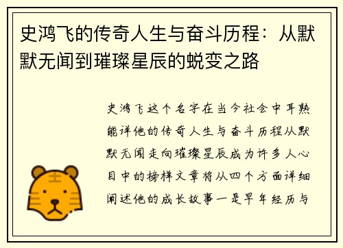 史鸿飞的传奇人生与奋斗历程：从默默无闻到璀璨星辰的蜕变之路